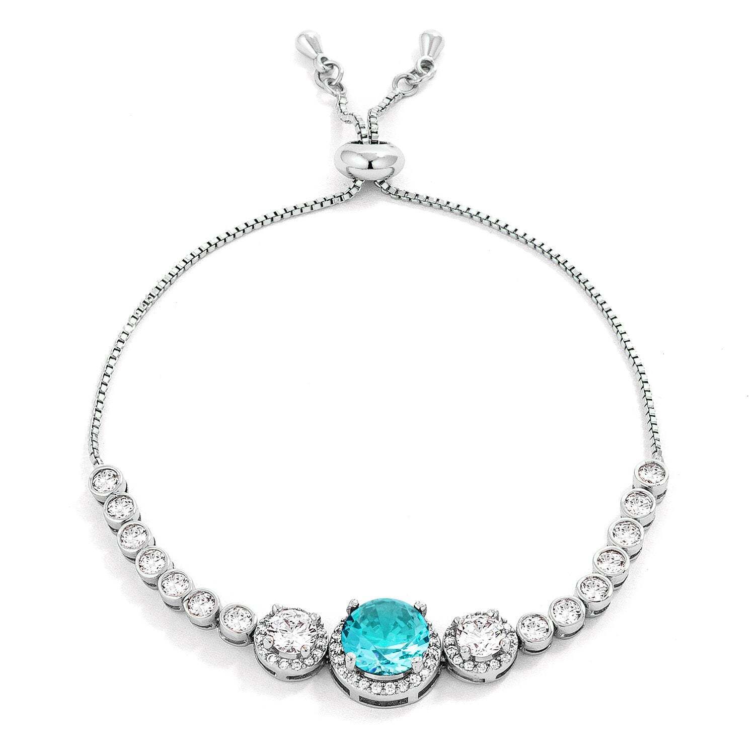 Adjustable Rhodium Plated Graduated Aqua Cz Bolo Style Tennis Bracelet 58$